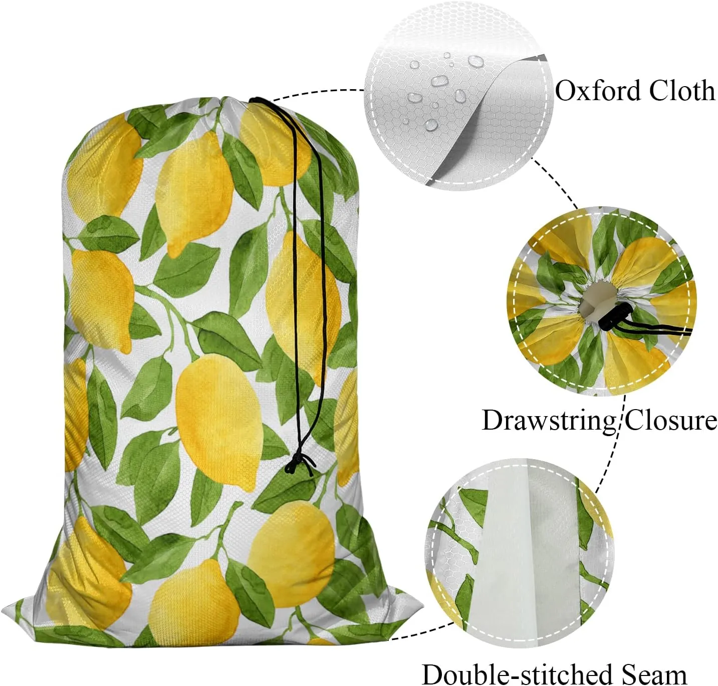 Swono Watercolor Lemons Laundry Bag with Strap Machine Washable Large Dirty Clothes Organizer Green Leaves Botanical Easy Fit Laundry Hamper or Basket, Carry Up to 4 Loads of Laundry, Yellow