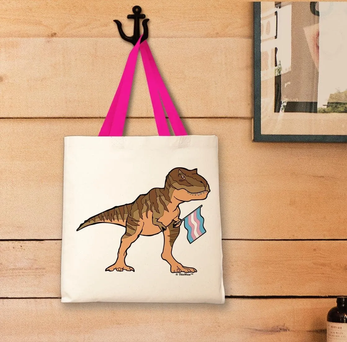 T-Rex With Trans Flag Canvas Tote Bag