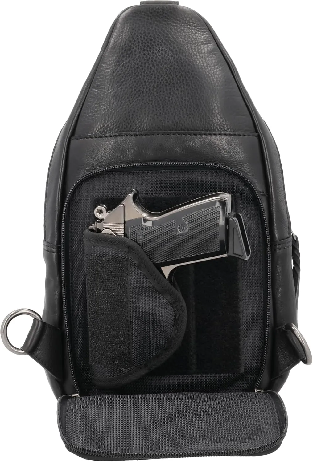 Taylor Leather Unisex Tactical Gun Holster Sling Backpack - Medium Frame Handgun -Two concealment pockets with Locking Zippers and Universal Holster (Black) - 7" L x 12" H x 3.5 D