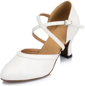 TDA Women's Closed Toe Mid Heel Leather Classic Salsa Tango Ballroom Latin Modern Dance Wedding Shoes