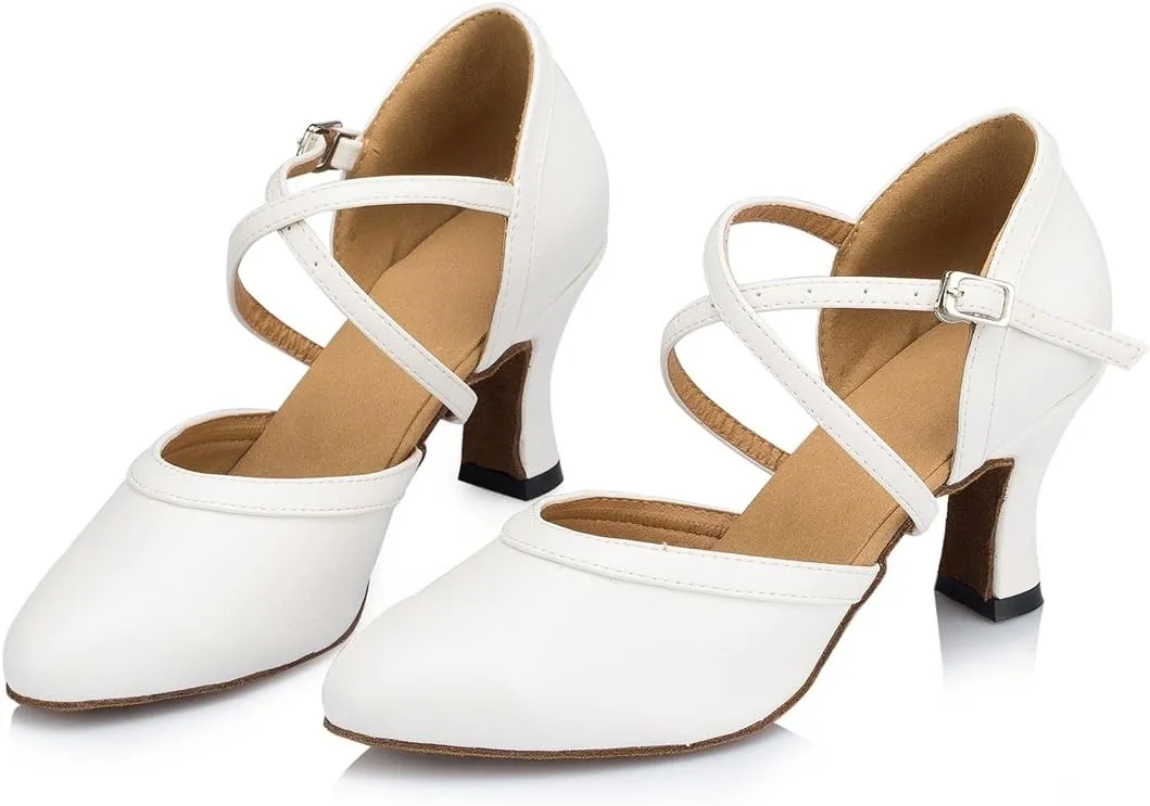 TDA Women's Closed Toe Mid Heel Leather Classic Salsa Tango Ballroom Latin Modern Dance Wedding Shoes