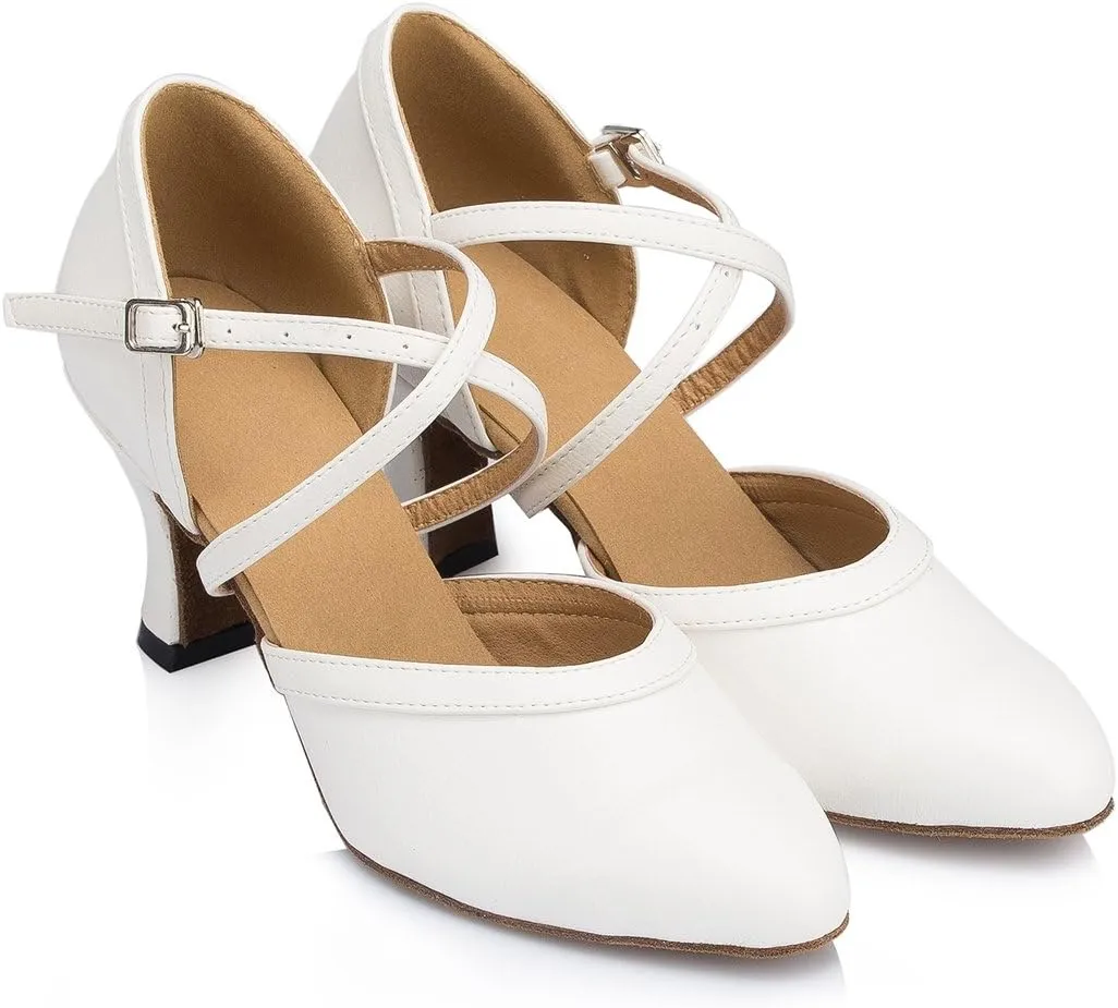 TDA Women's Closed Toe Mid Heel Leather Classic Salsa Tango Ballroom Latin Modern Dance Wedding Shoes