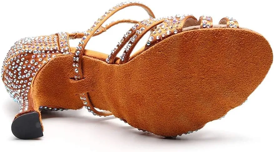 TDA Women's Comfort Cross Strap Flared Heel Satin Rhinestones Social Tango Prom Wedding Praty Dance Sandals