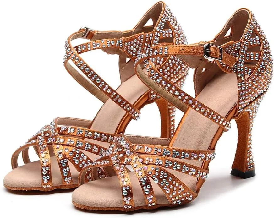 TDA Women's Comfort Cross Strap Flared Heel Satin Rhinestones Social Tango Prom Wedding Praty Dance Sandals