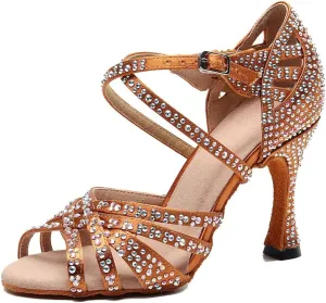 TDA Women's Comfort Cross Strap Flared Heel Satin Rhinestones Social Tango Prom Wedding Praty Dance Sandals