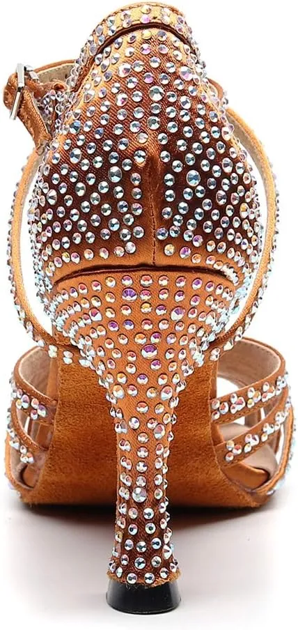 TDA Women's Comfort Cross Strap Flared Heel Satin Rhinestones Social Tango Prom Wedding Praty Dance Sandals