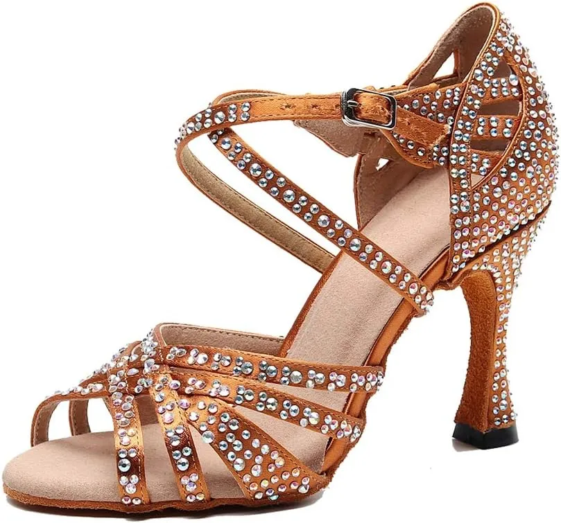 TDA Women's Comfort Cross Strap Flared Heel Satin Rhinestones Social Tango Prom Wedding Praty Dance Sandals