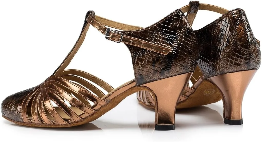 TDA Women's Fashion Comfort T-Strap Closed Toe Snakeskin Leather Salsa Tango Ballroom Latin Modern Dance Wedding Shoes