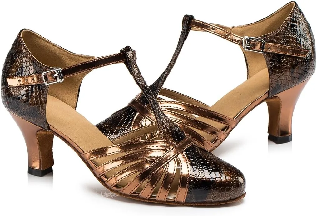 TDA Women's Fashion Comfort T-Strap Closed Toe Snakeskin Leather Salsa Tango Ballroom Latin Modern Dance Wedding Shoes