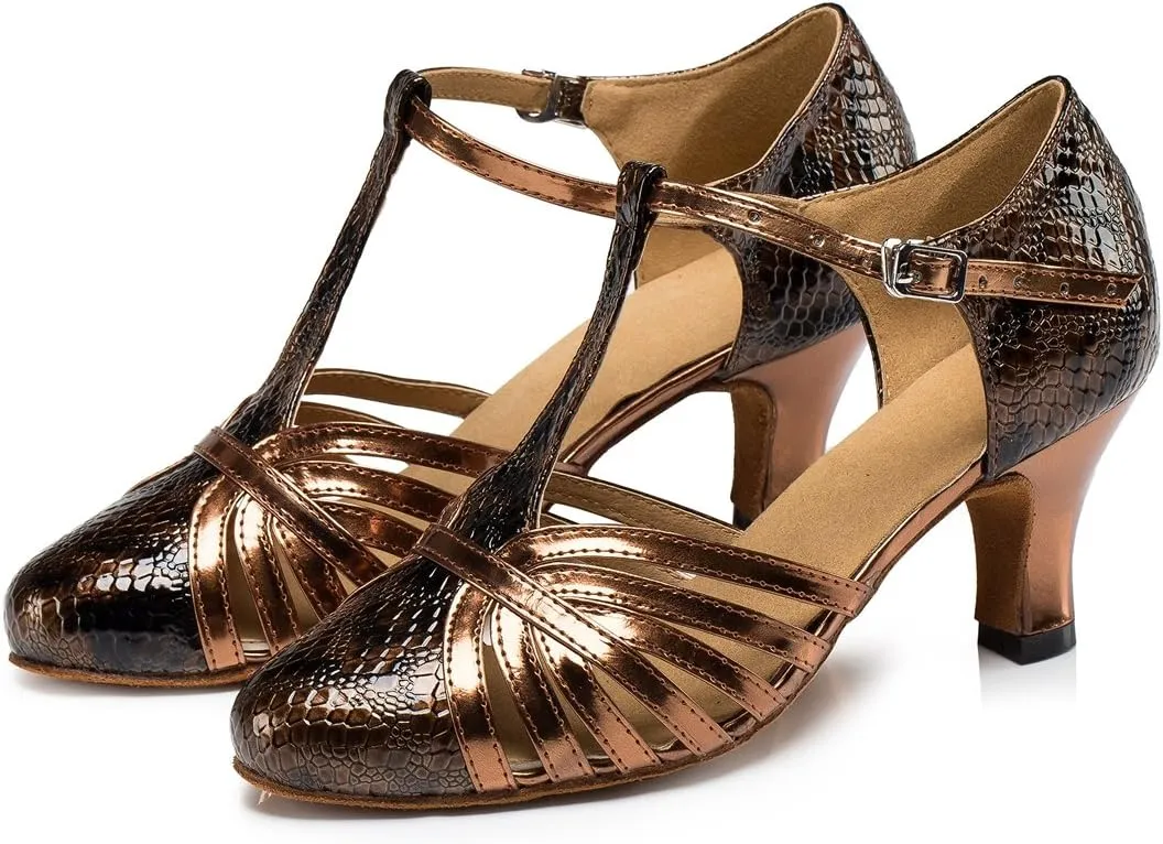 TDA Women's Fashion Comfort T-Strap Closed Toe Snakeskin Leather Salsa Tango Ballroom Latin Modern Dance Wedding Shoes