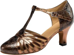 TDA Women's Fashion Comfort T-Strap Closed Toe Snakeskin Leather Salsa Tango Ballroom Latin Modern Dance Wedding Shoes