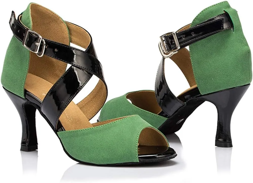 TDA Women's Flared Heel Cross Strap Green Suede Peep Toe Salsa Tango Chacha Samba Latin Dance Wedding Shoes