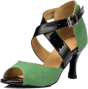 TDA Women's Flared Heel Cross Strap Green Suede Peep Toe Salsa Tango Chacha Samba Latin Dance Wedding Shoes