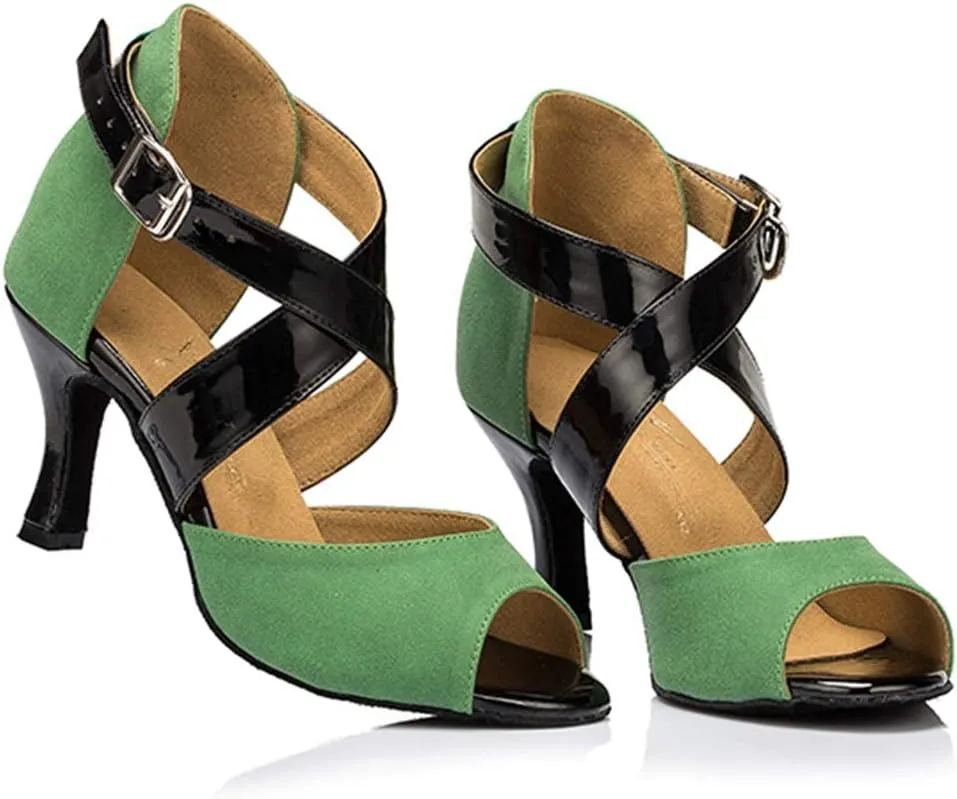 TDA Women's Flared Heel Cross Strap Green Suede Peep Toe Salsa Tango Chacha Samba Latin Dance Wedding Shoes