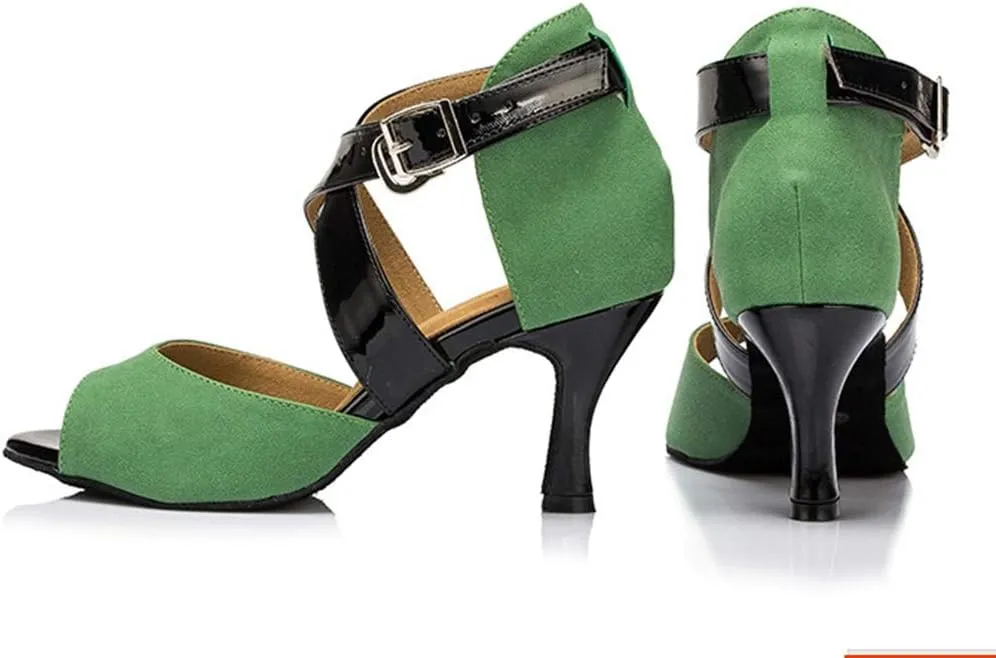 TDA Women's Flared Heel Cross Strap Green Suede Peep Toe Salsa Tango Chacha Samba Latin Dance Wedding Shoes