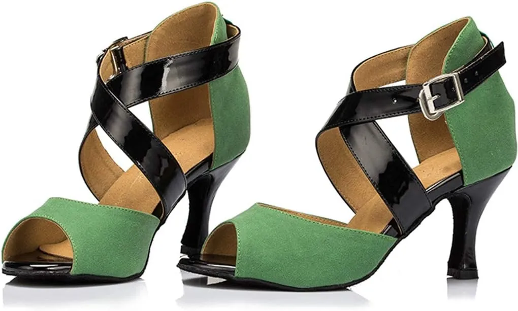 TDA Women's Flared Heel Cross Strap Green Suede Peep Toe Salsa Tango Chacha Samba Latin Dance Wedding Shoes