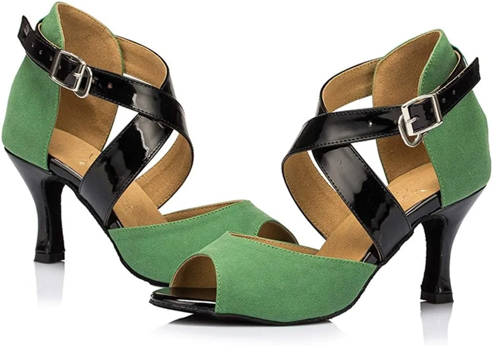 TDA Women's Flared Heel Cross Strap Green Suede Peep Toe Salsa Tango Chacha Samba Latin Dance Wedding Shoes
