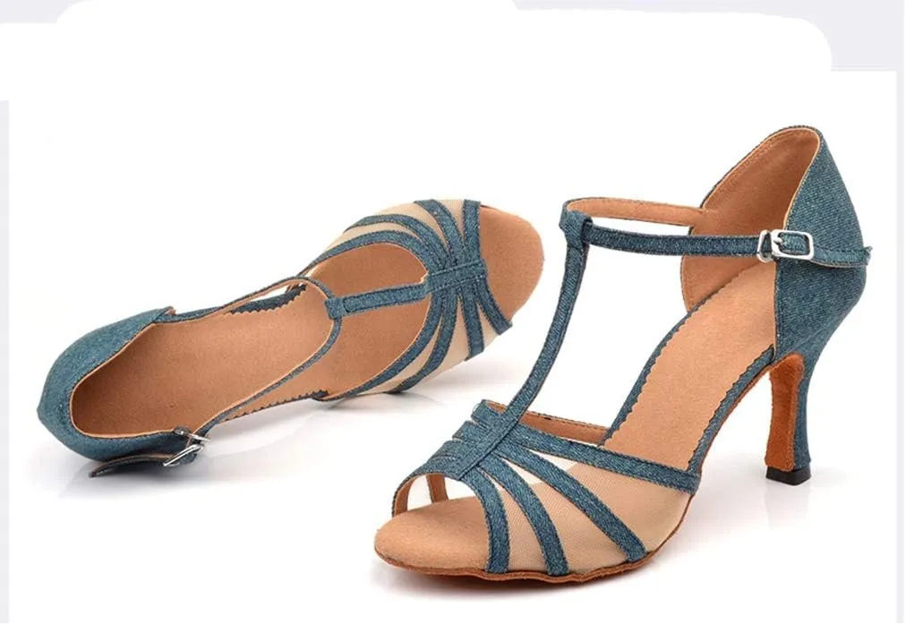 TDA Women's Flared Heel T-Strap Mesh Denim Fabric Salsa Tango Rumba Samba Latin Modern Dance Shoes