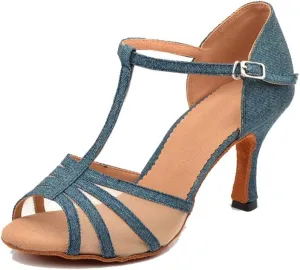 TDA Women's Flared Heel T-Strap Mesh Denim Fabric Salsa Tango Rumba Samba Latin Modern Dance Shoes