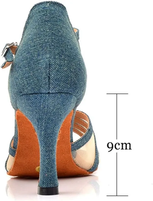 TDA Women's Flared Heel T-Strap Mesh Denim Fabric Salsa Tango Rumba Samba Latin Modern Dance Shoes