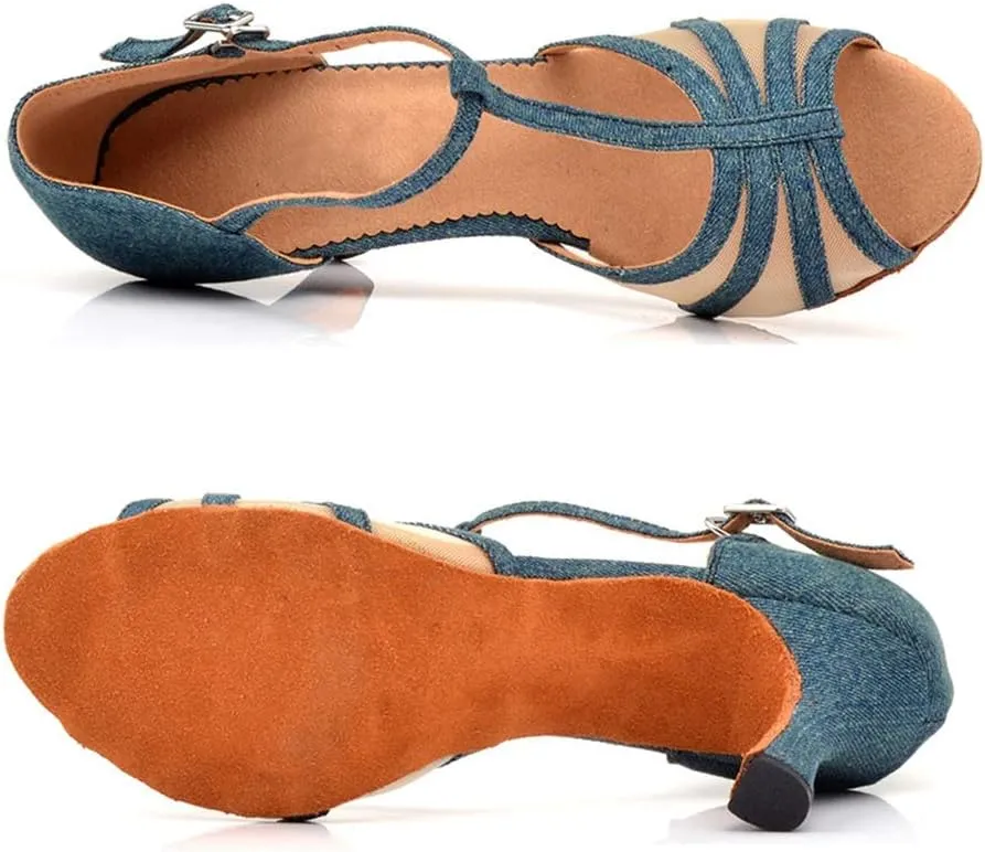 TDA Women's Flared Heel T-Strap Mesh Denim Fabric Salsa Tango Rumba Samba Latin Modern Dance Shoes