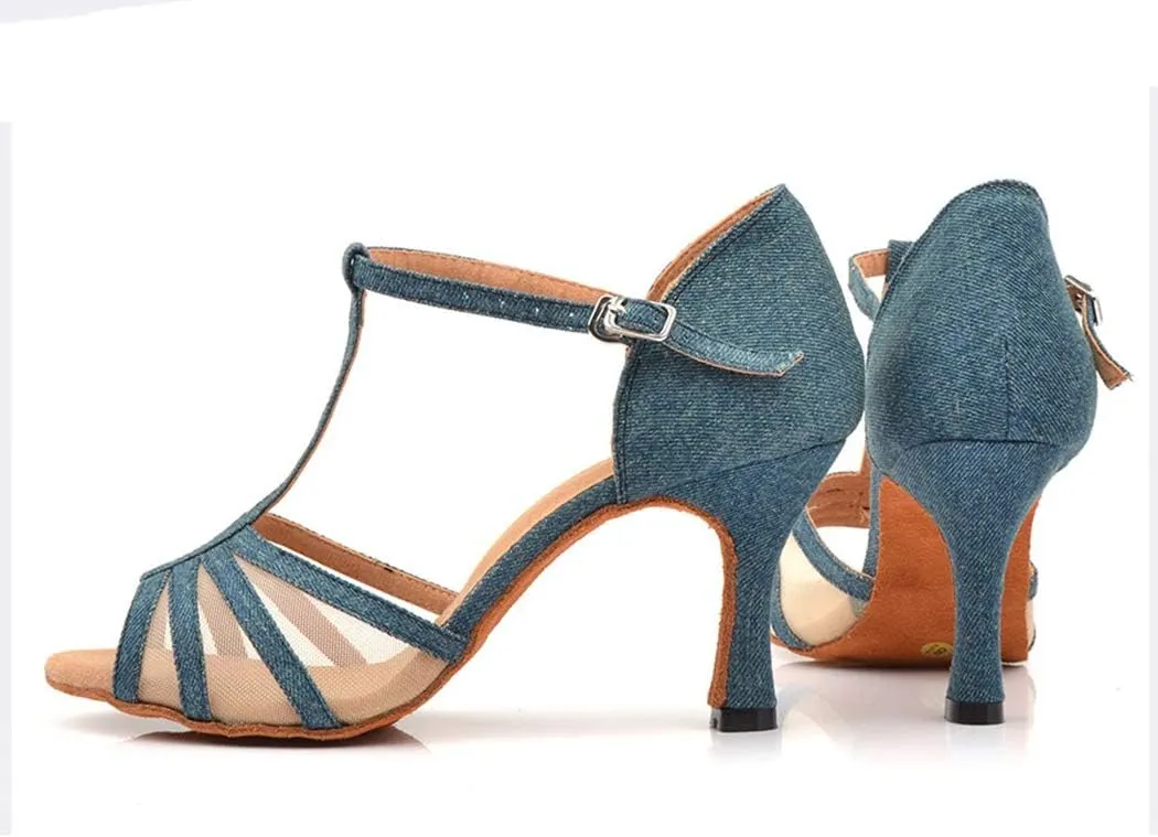 TDA Women's Flared Heel T-Strap Mesh Denim Fabric Salsa Tango Rumba Samba Latin Modern Dance Shoes