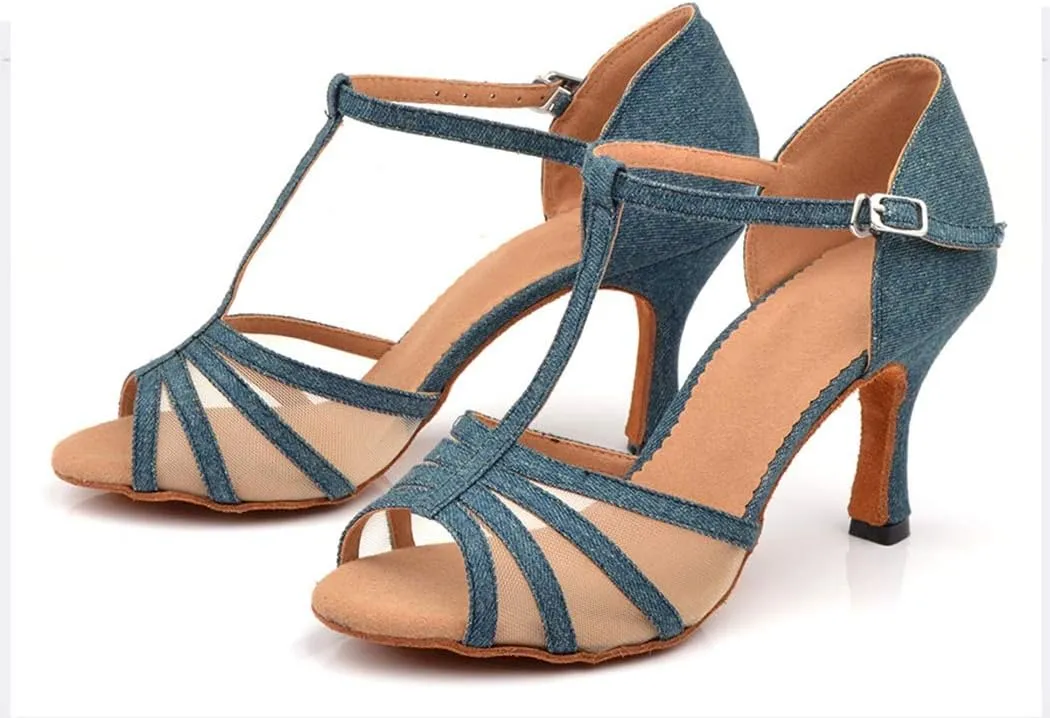 TDA Women's Flared Heel T-Strap Mesh Denim Fabric Salsa Tango Rumba Samba Latin Modern Dance Shoes