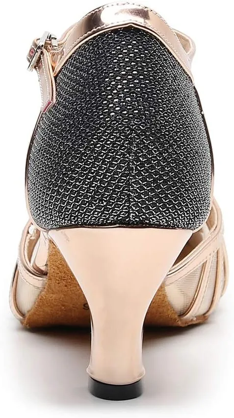 TDA Women's Mid Heel Closed Toe Glitte Synthetic Mesh Salsa Ballroom Tango Dancing Shoes