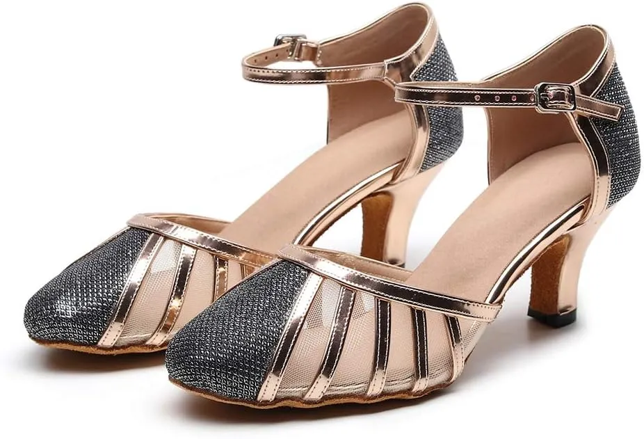 TDA Women's Mid Heel Closed Toe Glitte Synthetic Mesh Salsa Ballroom Tango Dancing Shoes