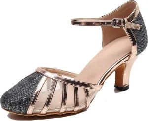 TDA Women's Mid Heel Closed Toe Glitte Synthetic Mesh Salsa Ballroom Tango Dancing Shoes