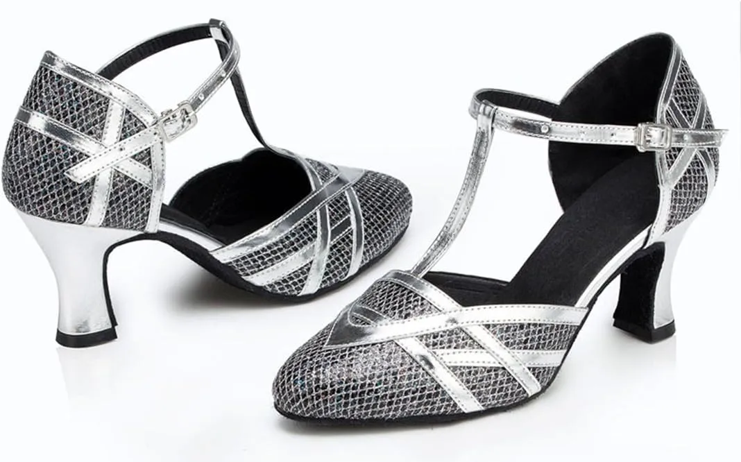 TDA Women's T-Strap Glitter Synthetic Salsa Tango Ballroom Latin Party Dance Shoes