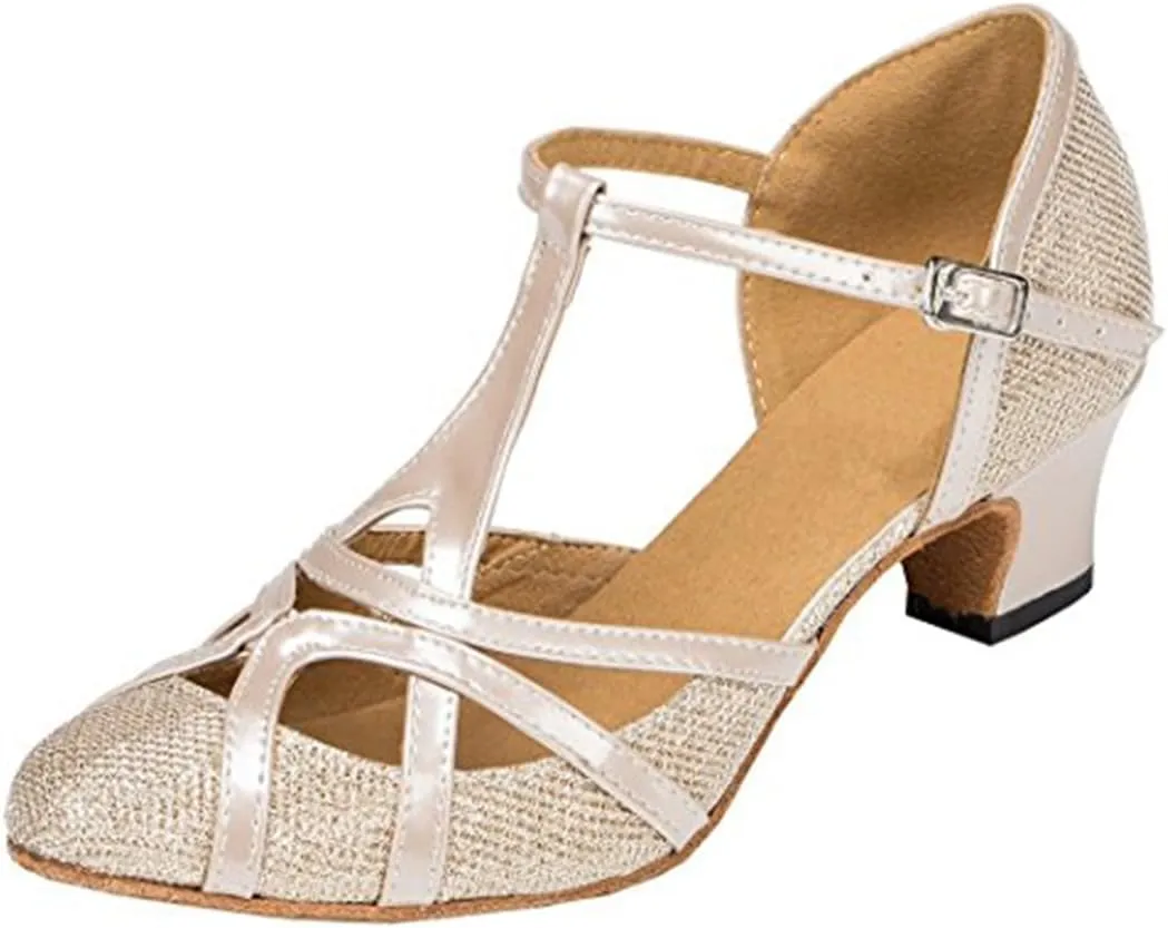 TDA Women's T-Strap Glitter Synthetic Salsa Tango Ballroom Latin Party Dance Shoes