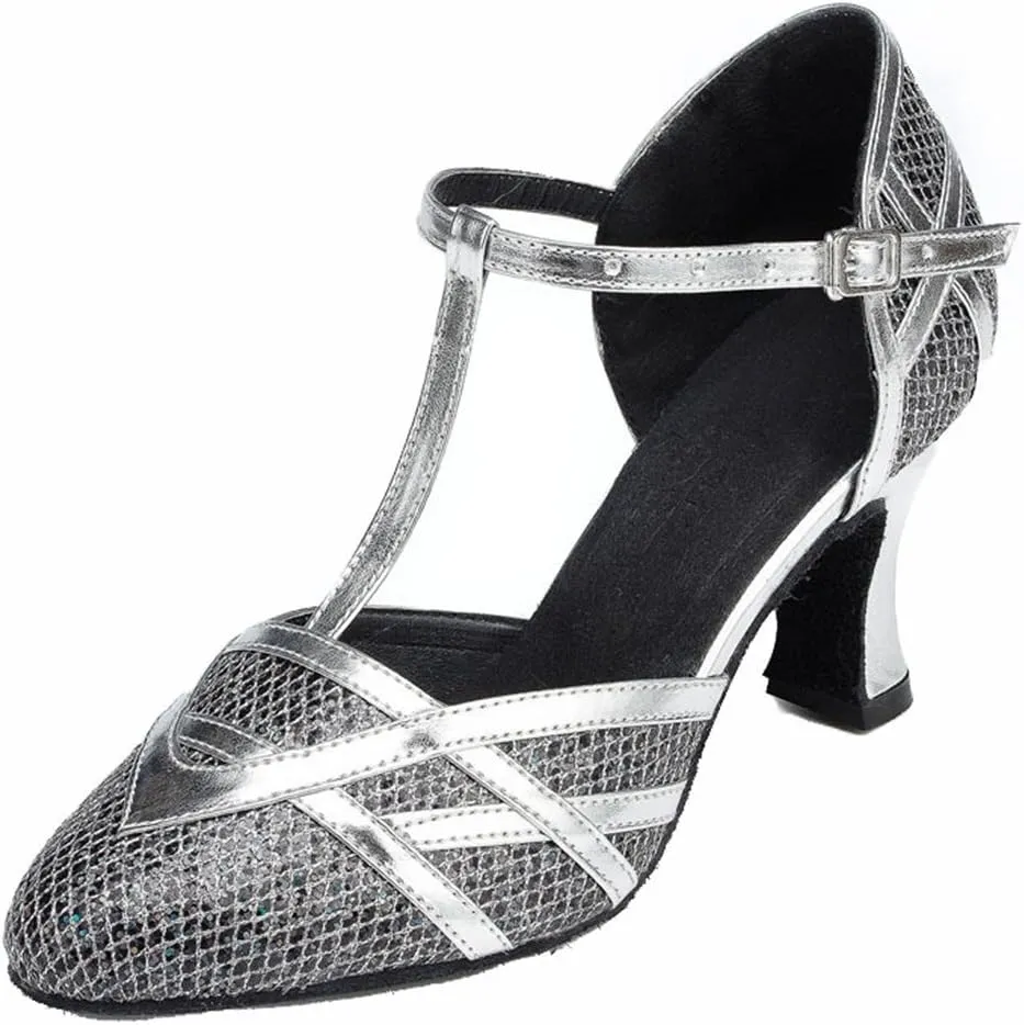 TDA Women's T-Strap Glitter Synthetic Salsa Tango Ballroom Latin Party Dance Shoes