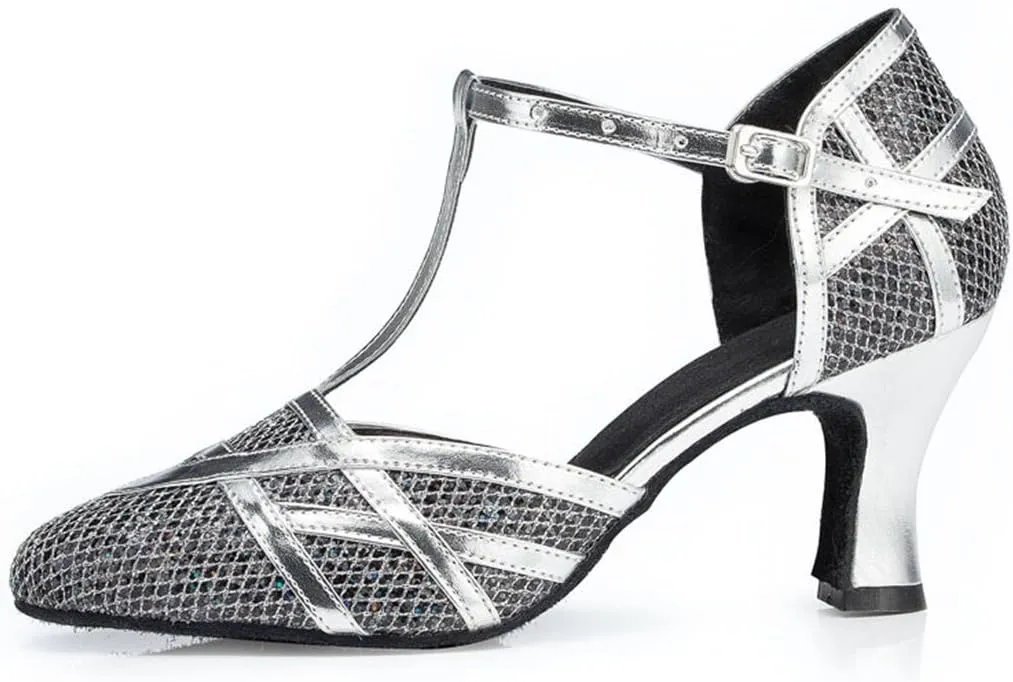 TDA Women's T-Strap Glitter Synthetic Salsa Tango Ballroom Latin Party Dance Shoes