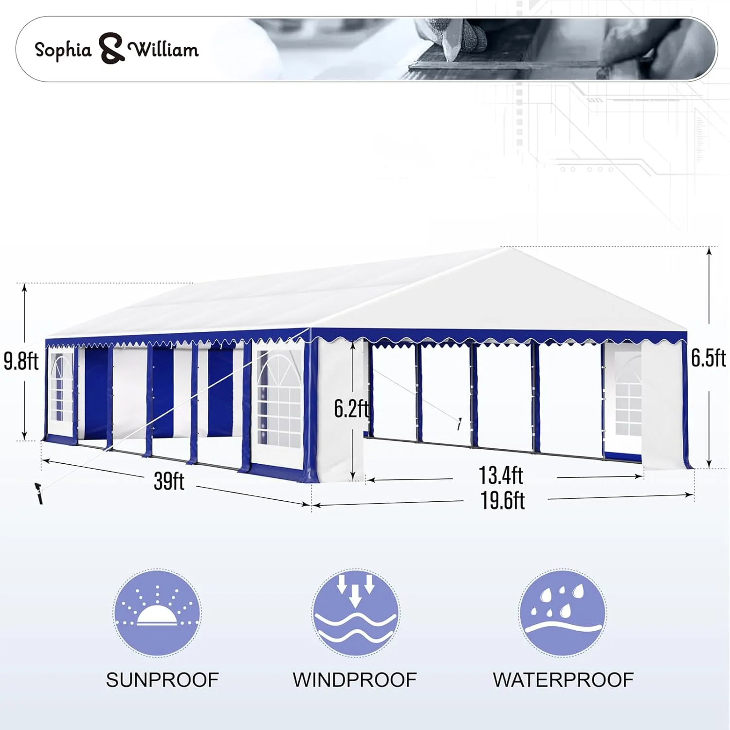 Tents for Parties Party Tent 20x40 ft, Outdoor Canopy Carpas para Fiestas Heavy Duty, Large Waterproof Patio Event Wedding Tent White & Blue with Sidewalls Walls for Backyard