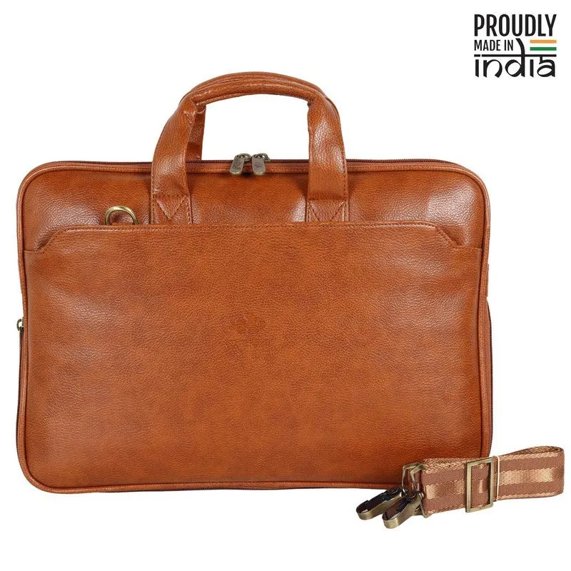 THE CLOWNFISH Unisex-Adult Jason Faux Leather Slim Expandable 15.6 Inch Laptop Messenger Bag Briefcase (Tan)