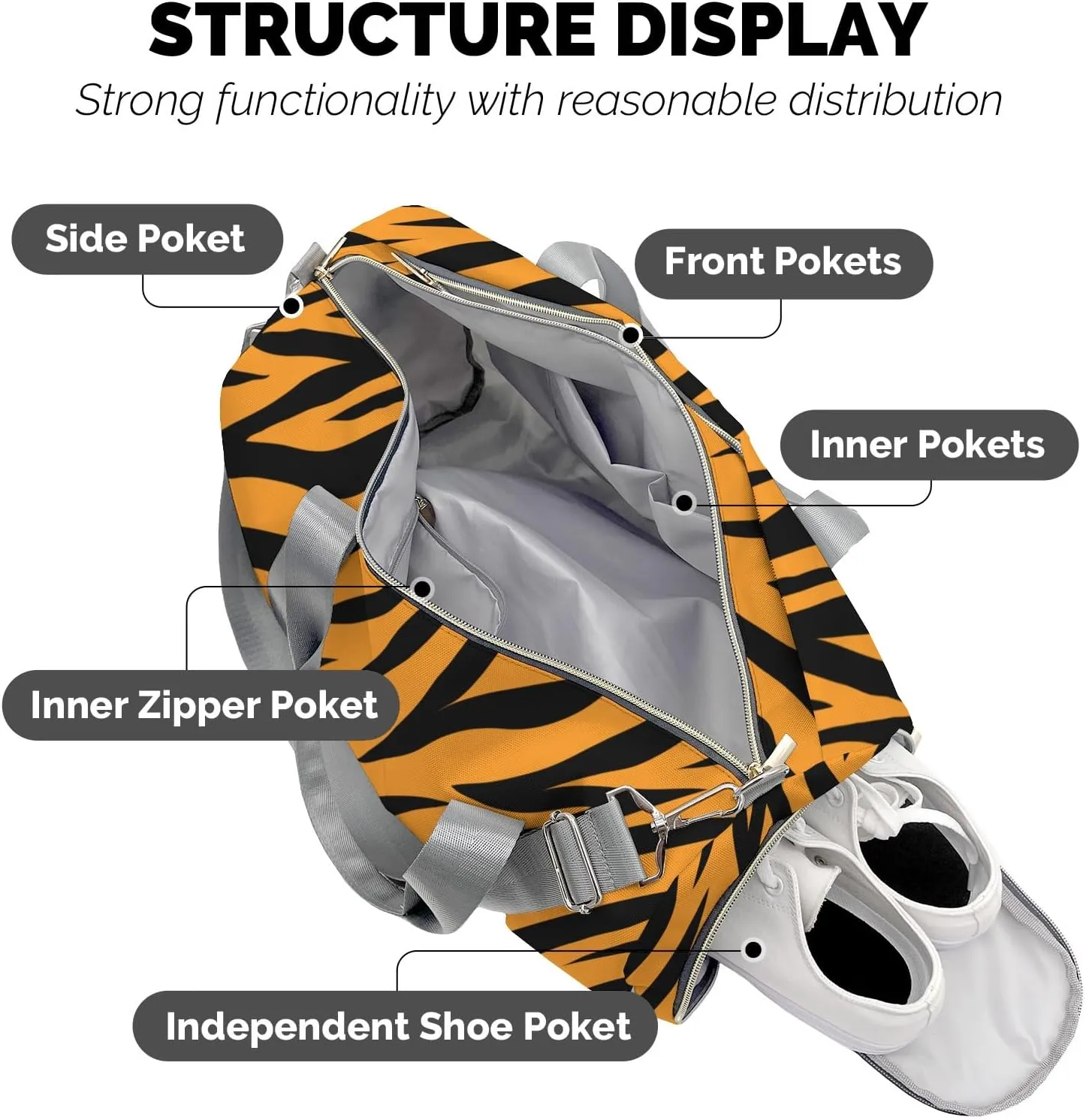 Tiger 1 Personalized Duffel Bag,Custom Travel Gym Bag with Name,Waterproof Sports Overnight Bag with Shoe Compartment & Shoulder Strap
