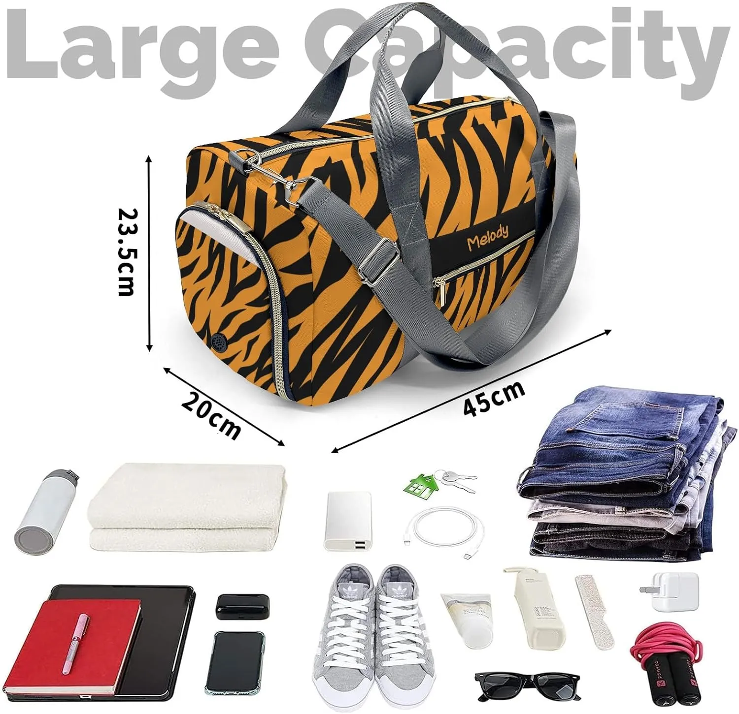 Tiger 1 Personalized Duffel Bag,Custom Travel Gym Bag with Name,Waterproof Sports Overnight Bag with Shoe Compartment & Shoulder Strap