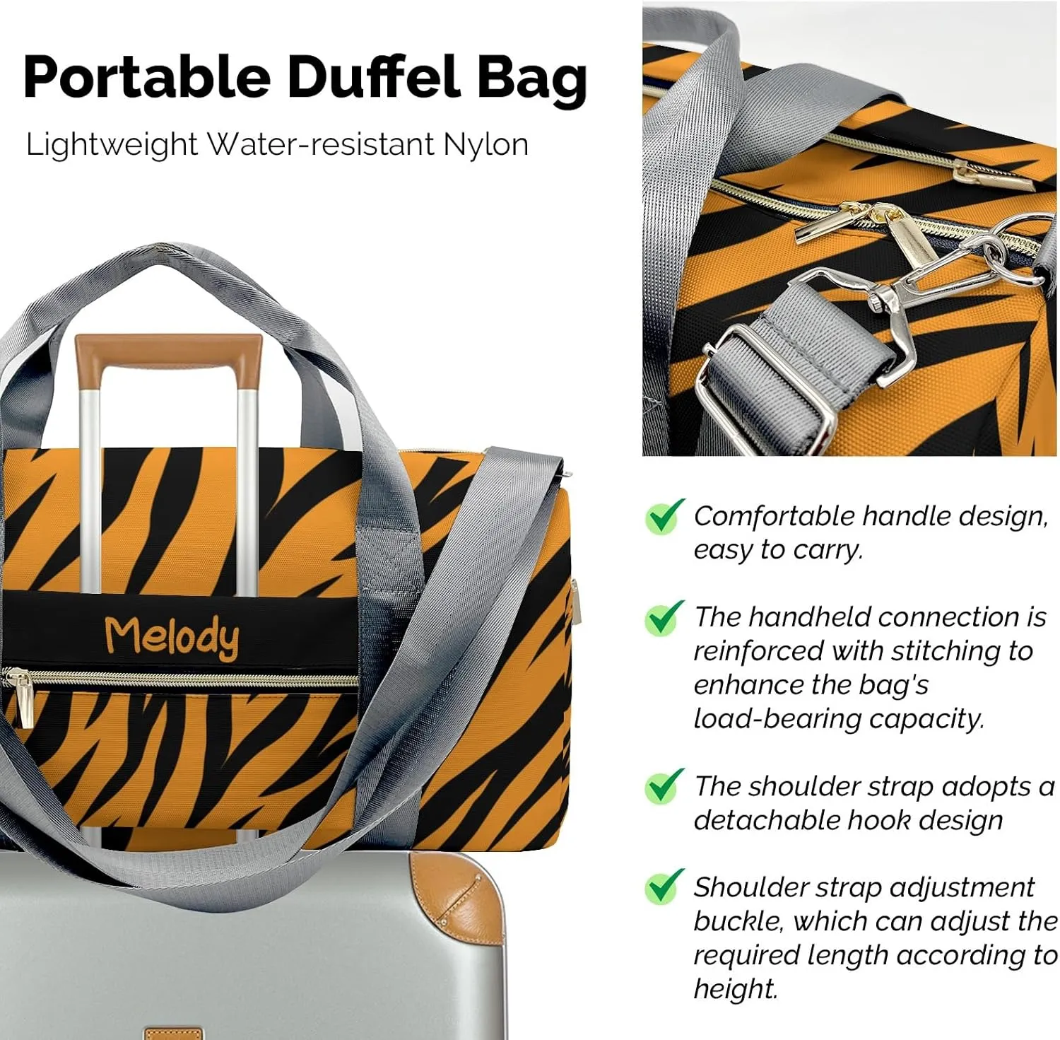 Tiger 1 Personalized Duffel Bag,Custom Travel Gym Bag with Name,Waterproof Sports Overnight Bag with Shoe Compartment & Shoulder Strap