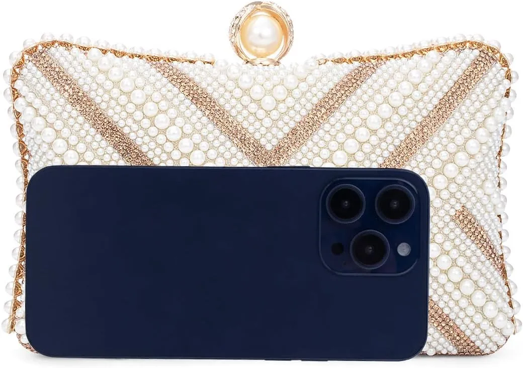 Tmore Pearl Clutch Purse Women's Evening Handbags Luxury Beaded Bride Purse with Chain for Wedding Prom Cocktail Party
