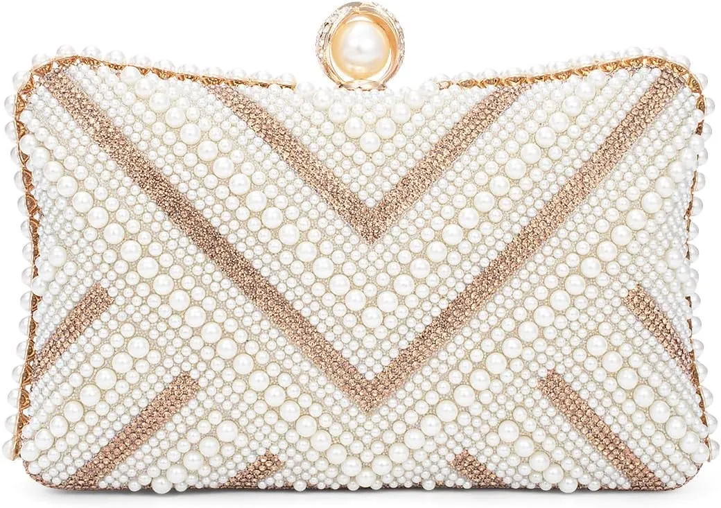 Tmore Pearl Clutch Purse Women's Evening Handbags Luxury Beaded Bride Purse with Chain for Wedding Prom Cocktail Party