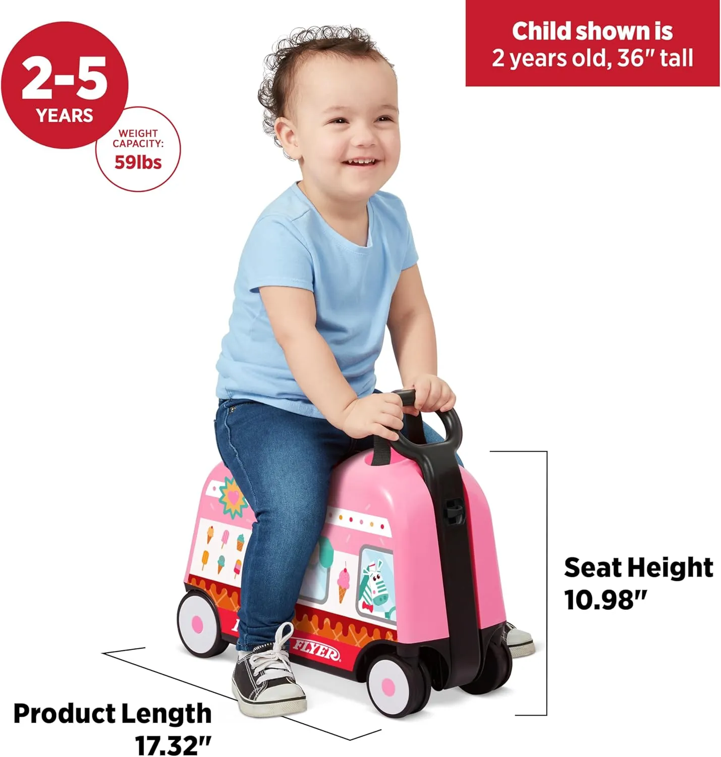 Toddler Carry-on Storage Ride-on Toy, 17-inch Long Radio Flyer 3-in-1 Happy Trav’ler Ice Cream Truck, Ages 2-5 Years, Compact Storage