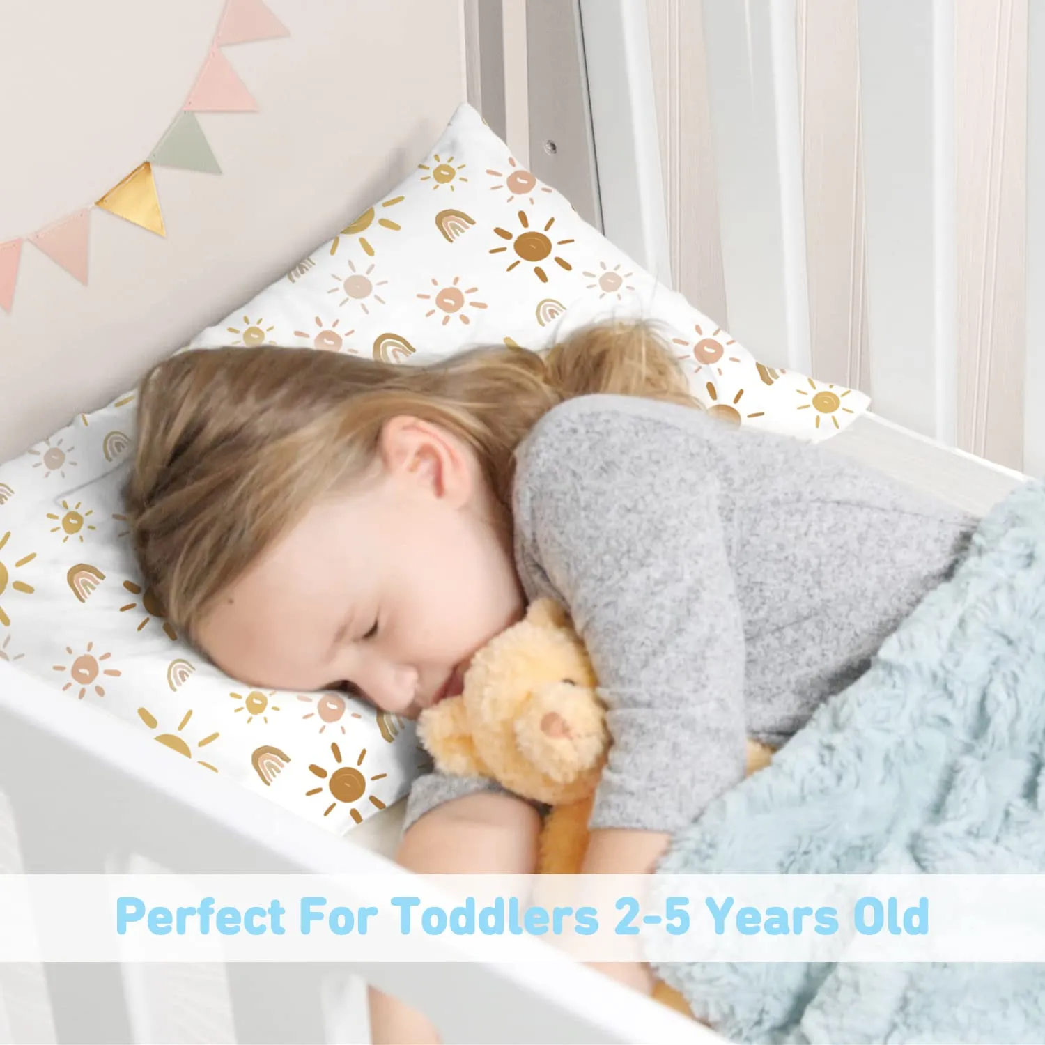 Toddler Pillow,13X18 Toddler Pillows for Sleeping, Machine Washable Kids Pillow with Pillowcase, Perfect for Travel, Toddlers Cot (Sunshine Rainbow)