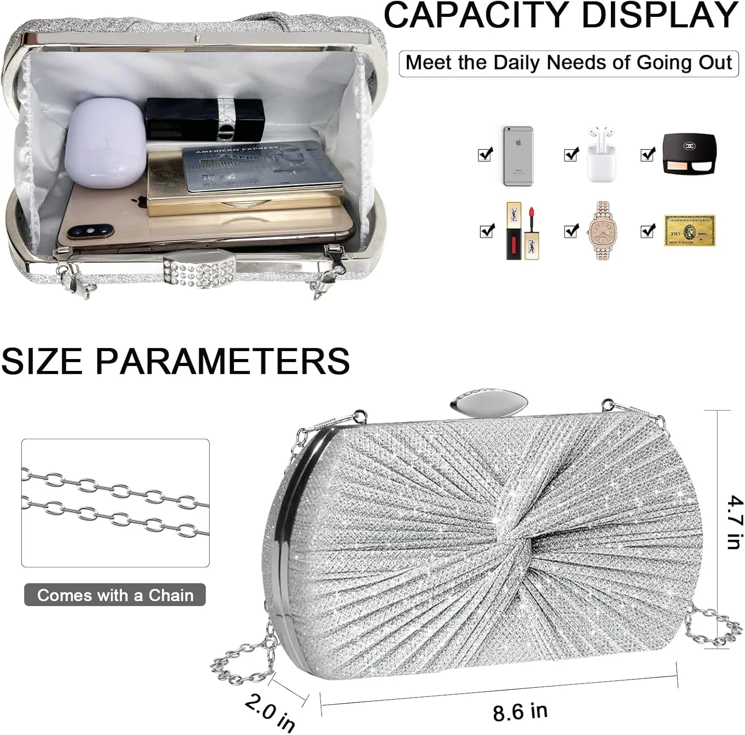 TOPALL Rhinestone Purse Sparkly Bag Silver Diamond Purses for Women Upgrade Evening Prom Rhinestone Handbag Hobo Bag