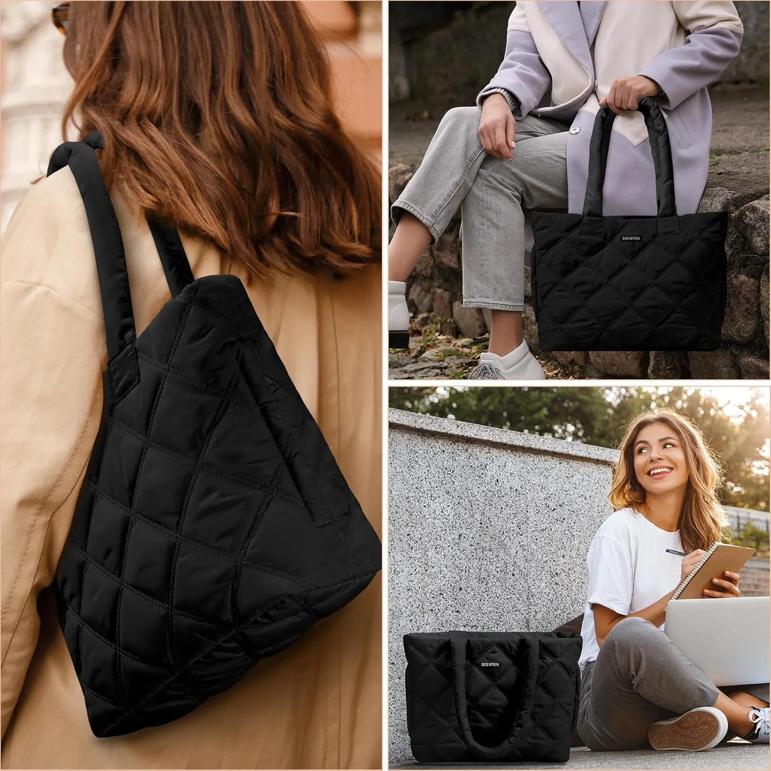 Tote Bag for Women, Puffer Bag with 15.6 Inch Compartment and Multi Pocket for Travel, Work, Gym