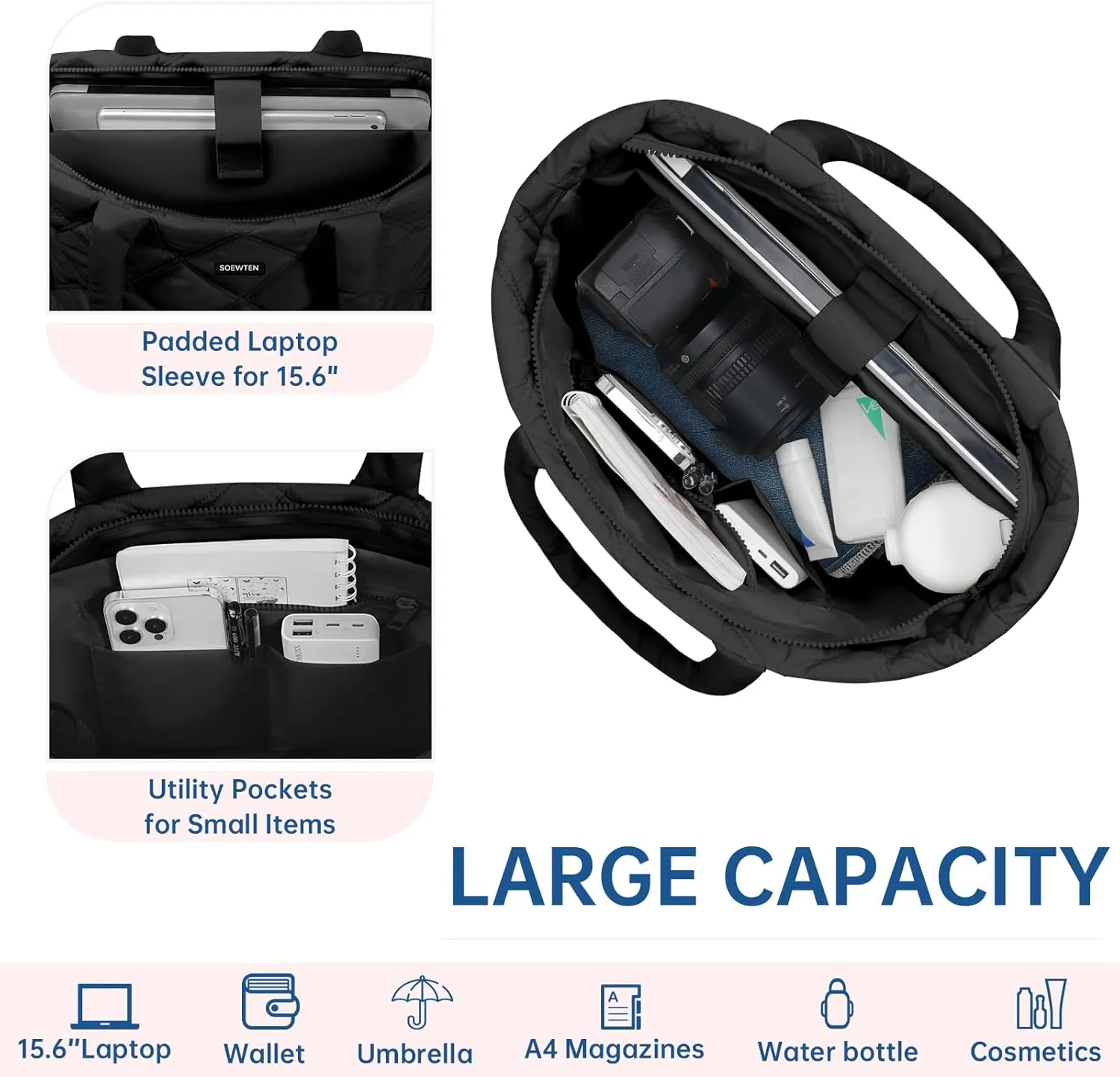 Tote Bag for Women, Puffer Bag with 15.6 Inch Compartment and Multi Pocket for Travel, Work, Gym