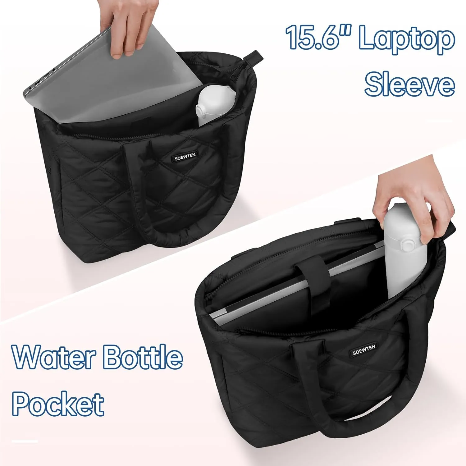 Tote Bag for Women, Puffer Bag with 15.6 Inch Compartment and Multi Pocket for Travel, Work, Gym