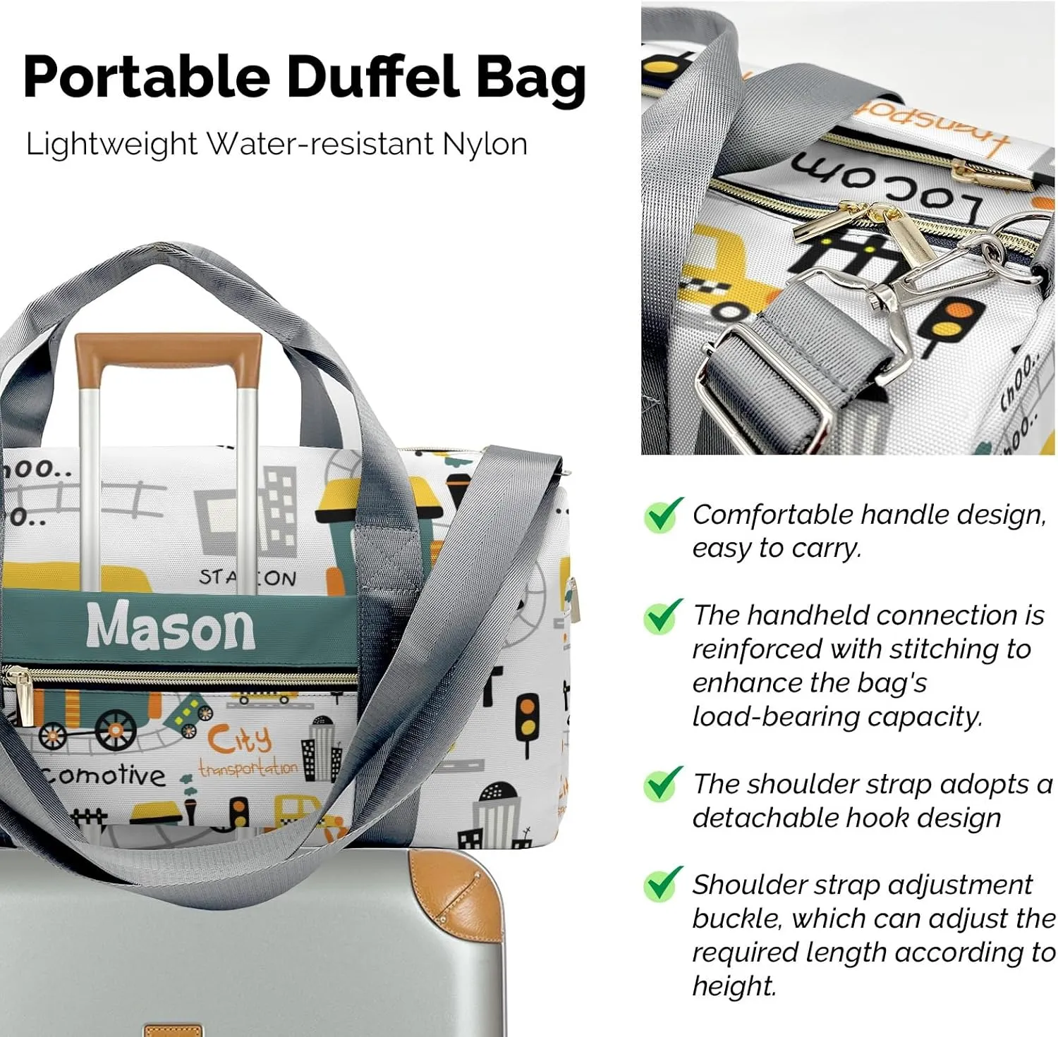 Train Car Green Personalized Duffel Bag,Custom Travel Gym Bag with Name,Waterproof Sports Overnight Bag with Shoe Compartment & Shoulder Strap
