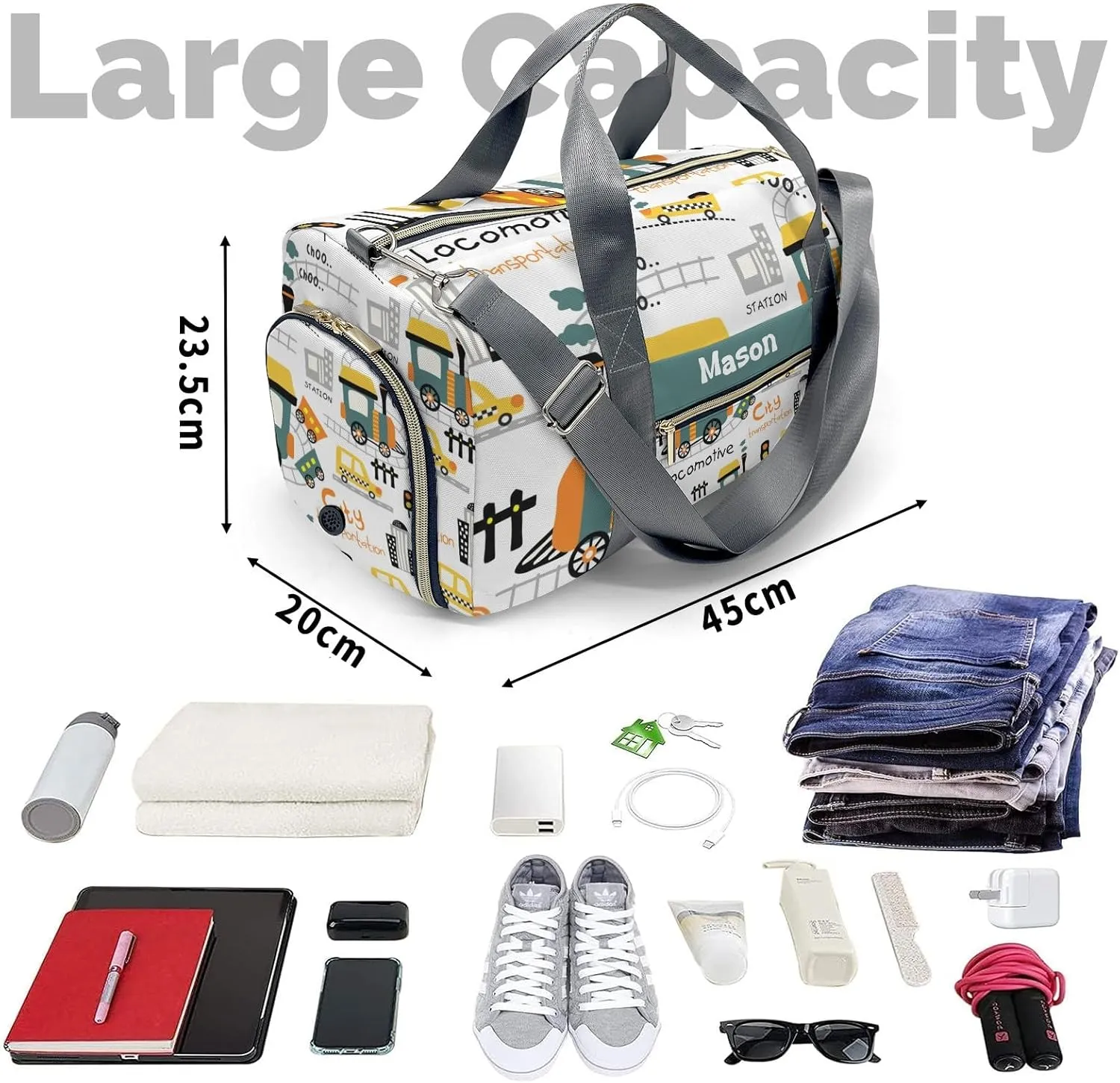 Train Car Green Personalized Duffel Bag,Custom Travel Gym Bag with Name,Waterproof Sports Overnight Bag with Shoe Compartment & Shoulder Strap