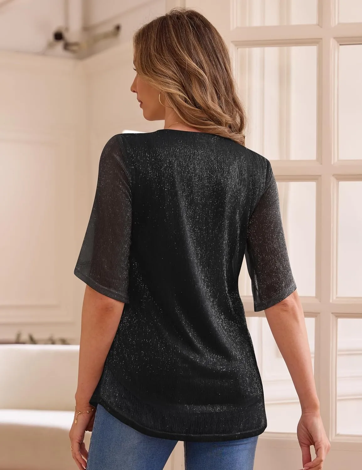 Traleubie Women's Short Sleeve Sparkly Glitter Blouse Double Layer Mesh Top for Parties, Evening Wear, Everyday Style, S-XL